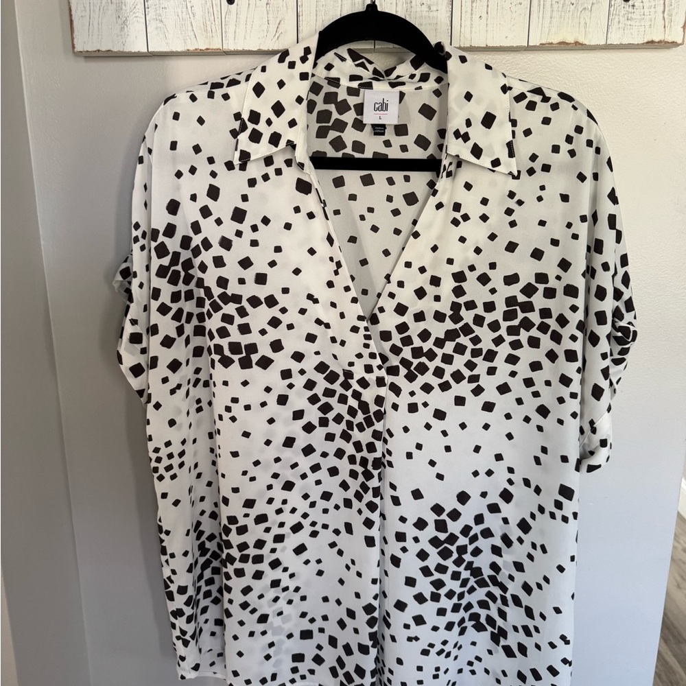 CAbi Black and White Abstract Dot Collared Blouse
